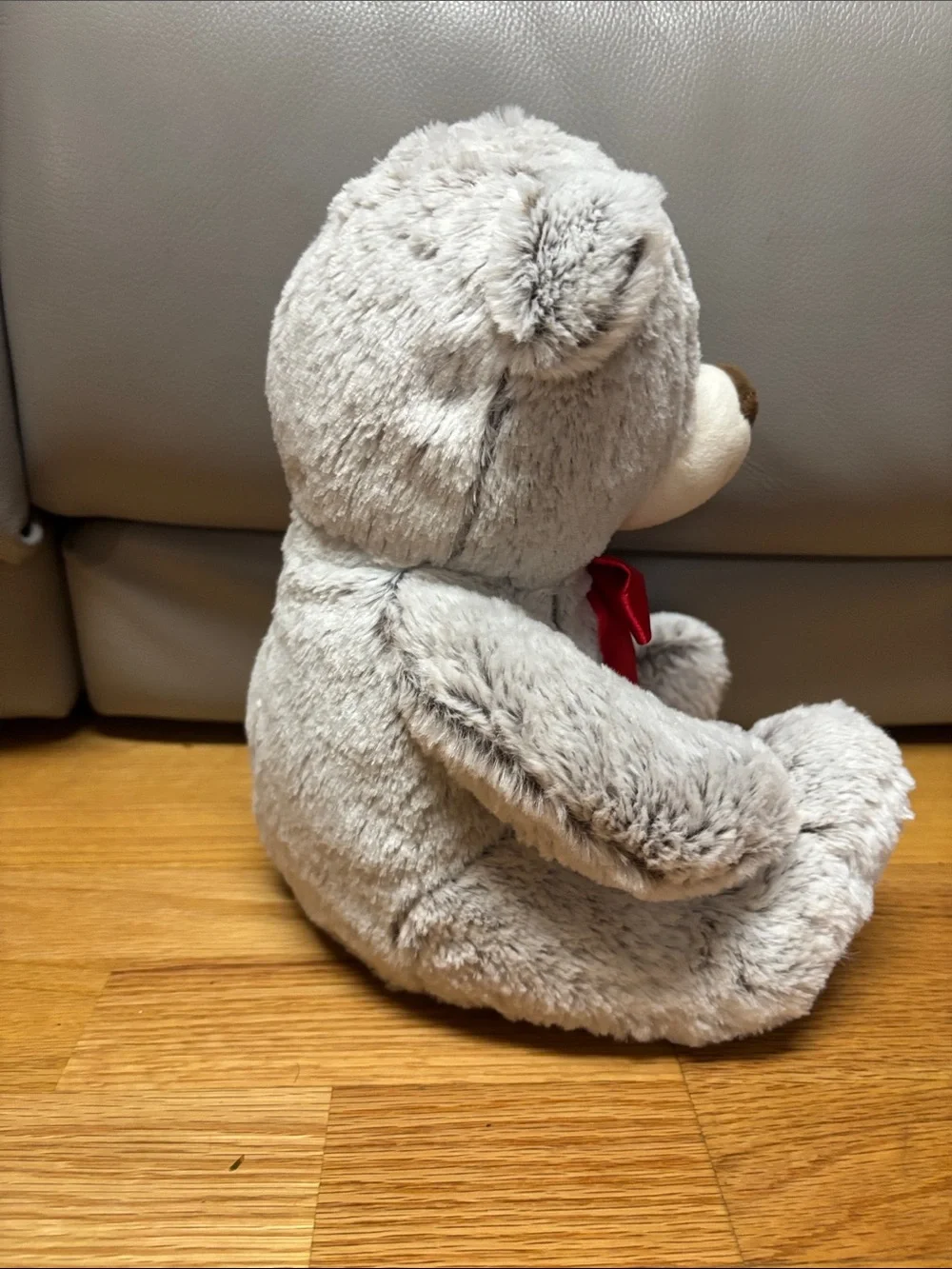 Plush Gray Teddy Bear with Red Bow - Soft Kids Toy